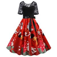 QIUUE 2020 Christmas Print Vintage Dress Lace Stitching Print Short Sleeve Dress Retro Flare Dress S~3XL Red