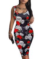 LAGSHIAN Women's Sexy Bodycon Tank Dress Sleeveless Basic Midi Club Dresses Skull
