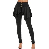 Armfre Bottom Women's High Waisted Skirted Leggings Tights Athletic Skorts Running Yoga Pants Button up Irregular Hem Elastic Skirt Long Skinny Pants Dark Blue L