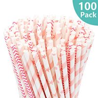 Biodegradable Paper Straws - 100 PCS Striped/Wave/Heart/Star Pink Drinking Straws for Juice, Shakes, Smoothies, Great for Christmas Birthday Wedding Baby Shower New Year Celebrations & Party Supplie