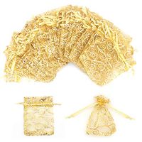100Pcs Gold Organza Bags 3x4 Inches Rattan Printed Organza Gift Bags Mesh Favor Bags Drawstring Jewelry Gift Pouches for Wedding Party Favors Baby Shower Christmas Gifts Candy Bags