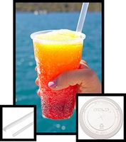 15 count 32 oz Clear PET Plastic Cup and Flat Straw Slotted Lid, Dart Solo w/Clear Giant Straws