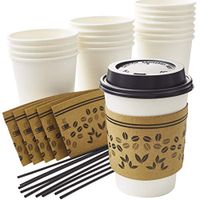 Leak-Free, All-in-One Coffee Cup Set 12 Oz. 100 Pack w/Recyclable Cardboard Jacket Sleeves, Stirrers and Dome Lids. Best 12oz Disposable Paper Cups Bulk Bundle Perfect for Hot Beverages and Drinks