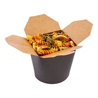 Disposable Noodle Take Out Container, Noodle To Go Box - Eco-Friendly Paper - Round - 26 oz - Black with Kraft Interior - 200ct Box - Restaurantware