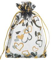 Lanswe 100 Pack Sheer Organza Drawstring Bags Heart Floral Print Jewelry Pouches Candy Gift Bags Wedding Party Favor Mesh Christmas Pouches (Black, 5''x7'')