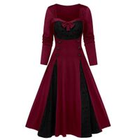 iNoDoZ Women Plus Size Halloween Scary Print Lace Insert Smock Button Bowknot Dress Wine