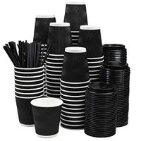 NYHI Set of 100 Black Disposable Paper Cups with Black Lids and Straws (8-oz) | Ripple Insulated Kraft for Hot Drinks - Tea & Coffee | Triple Layer Design | Eco- Friendly, Recyclable, Durable Paper
