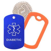 Diabetic Medical Alert ID Necklace with Blue Tag, Orange Silencer, and 30'' USA Chain - 154 Color Choices