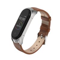 MIJOBS Compatible Xiaomi Mi Band 4, Genuine Leather Replacement Strap Breathable Wristband with Metal Frame Bracelet Accessories for Xiaomi Mi Band 3 Smart Watch Bracelet Wristband (Brown+Silver)