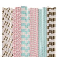 Biodegradable Paper Straws Mix, Cotton Candy, Light Pink Light Blue Gold, Polka Dot Damask Striped Diamond Quatrefoil (50)