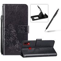 Black Leather Case for Samsung Galaxy A10S,Strap Wallet Flip Cover for Samsung Galaxy A10S,Herzzer Classic Pretty Four Leaf Clover Print Magnetic Card Slots Stand Folio Case with Soft TPU