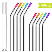 10 Pack Stainless Steel Straws Curved and 10 Pack Silicone Tips Cover Caps Replacement, Metal Reusable Drinking Straw Ultra Long 8 Inch/10 Inch Bent with 2 Cleaning Brush for 30oz/20oz Tumblers Yeti