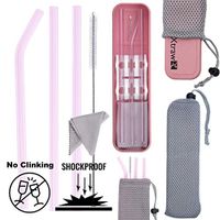 XTRAW Premium Reusable Glass Drinking Straws with Carrying Case and Protective Pouch Bag, Set of 3 with Protective Straw Stand, Cleaning Brush, Cleaning Cloth, Wheat Straw Plastic Travel Case, 7 inch