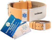 Pre-Engraved"Asthma" Medical Alert Identification Tan Top Grain Leather Wrist Band