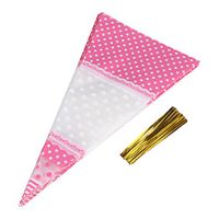 GLOGLOW 50 Piece Popcorn Bags, Clear Cone-Shaped Treat Candies Bags Treat Bags Cellophane Candy Sacks with Twist Ties for Holiday Wedding (Pink)
