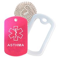 Asthma Medical Alert ID Necklace with Pink Hot Tag, White Silencer, and 30'' USA Chain - 154 Color Choices
