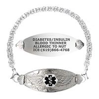 Divoti Custom Engraved Medical Alert Bracelets for Women, Stainless Steel Medical Bracelet, Medical ID Bracelet w/Free Engraving – Angel Wing Tag w/Handmade Byzantine -Black-7.5"