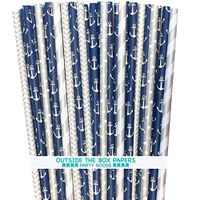 Nautical Anchor Themed Paper Straws - Navy Blue Silver White - 7.75 Inches - 125 Pack - Outside the Box Papers Brand