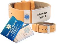 Pre-Engraved"Diabetes Type 2" Medical Alert Identification Tan Top Grain Leather Wrist Band