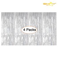 Foil Fringe-Backdrop-12FTX8FT-Silver Tinsel Metallic Fringe Curtains Shinny Party Accessory(Pack of 4) (Silver)
