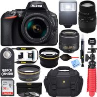 Nikon D5600 24.2MP DSLR Camera + (18-55mm VR Nikon & 70-300mm SLD DG Sigma Lens Package, Black) + Bundle 64GB SDXC Memory + Photo Bag+Wide Angle Lens + 2x Telephoto+Flash + Remote + Tripod + Filters