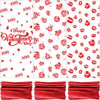 150 Pieces Valentine Cellophane Bags Treat Bags Goodies Bags Candy Bags with 150 Pieces Twist Ties for Valentine's Day Party Favor Supplies (Lip, Rose and Happy Valentine's Day Design)