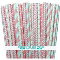 Outside the Box Papers Light Pink Stripe, Polka Dot Chevron Paper Straws 7.75 Inches 100 Pack Light Pink, White
