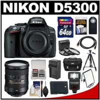 Nikon D5300 Digital SLR Camera Body (Black) with 18-200mm VR II Zoom Lens + 64GB Card + Case + Flash + Battery & Charger + Tripod Kit