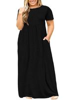 Nemidor Women Short Sleeve Loose Plain Casual Plus Size Long Maxi Dress with Pockets (Black, 16W)