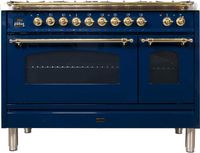 Ilve UPN120FDMPBL Nostalgie Series 48 Inch Dual Fuel Convection Freestanding Range, 7 Sealed Brass Burners, 5 cu.ft. Total Oven Capacity in Blue, Brass Trim (Natural Gas)