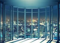 Leowefowa Vinyl 7X5FT Viewing Room Backdrop French Windows Skyscraper Shining Lights New York City Night View Romantic Wallpaper Photography Background Lover Adults Photo Studio Props