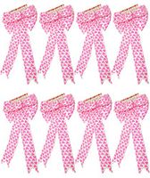 8 Valentine White Wired Satin Bows with Pink Heart Pattern! 9.85x22.83IN