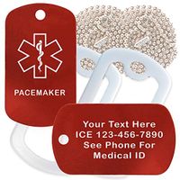 Custom 2 Pack - Pacemaker Medical Alert ID Necklaces with Red Custom Tags, White Silencers, and 30'' USA Chains