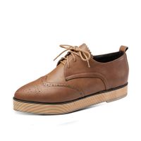 Kauneus♕ Womens Leather Shoes Flat Lace Up Oxfords Derby Shoes England Vintage Brogue Thick Bottom Cutout Roman Shoes Brown