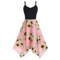 Cealu Women's Plus Size Dresses Summer Sunflower Print Spaghetti Strap Mini Dress Bodycon Sleeveless Asymmetric Swing Dress (Black, XXXL)