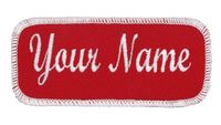 Name Patch Uniform Work Shirt Personalized Embroidered Red with White Border. Sew on.