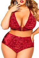 Women's Crushed Velvet Lingerie Set, Cute Mesh Lace up Halter Bralette & High Waist Panty (4XL,Wine,325a)