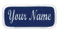Name Patch Uniform Work Shirt Personalized Embroidered Royal with White Border. Hook Fastener.