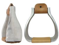 AJ Tack Wholesale Heavy Duty Aluminum Stirrups 6.5 in Wide Flat Bottom Leather Tread Polished Trim