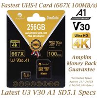 256GB V30 A1 Micro SD SDXC Memory Card Plus Adapter Pack (Class 10 U3 UHS-I MicroSD XC Card) Amplim Extreme Speed 667X 100MB/s UHS-1 256 GB MicroSDXC TF Card - Cell Phone, Drone, Camera