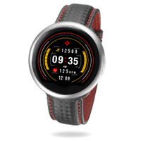 MyKronoz ZeRound2 HR Premium Smartwatch with Heart Rate Monitoring and Smart Notifications, Swiss Design, iOS and Android - Brushed Silver / Black Carbon Red Stitching Band