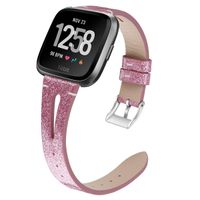 Shangpule Compatible with Fitbit Versa/Versa 2/Versa Lite Edition Bands, Genuine Leather Shiny Bling Replacement Strap Wristband for Versa Smart Watch Women Men Large Small (Shiny Rose Red)
