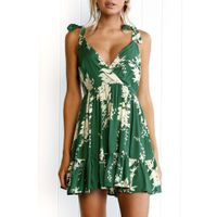 Women Dress Daoroka Ladies Sexy Deep V Neck Floral Backless Sleeveless Strap Cold Shoulder Casual Loose A Line Swing Beach Above Knee Mini Skirt Fashion Soft Party Spring Summer Sundress (M, Green)