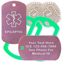Custom 2 Pack - Epileptic Medical Alert ID Necklaces with Pink Custom Tags, Green Silencers, and 30'' USA Chains