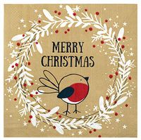 Christmas Napkins Paper Cute, Clearance Festive Wreath & Bird Print/Brown Recycled Napkins Decorative Disposable Holiday Dinner, Lunch/Luncheon, Buffet Brunch Rustic Xmas Party Decor