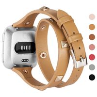 Wearlizer Leather Double Tour Band Compatible with Fitbit Versa/Versa 2 /Versa Lite/Versa SE Women Men,Slim Genuine Leather Rivet Watch Bands Compatible for Fitbit Versa（Light Brown）