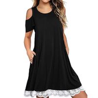 Womens Short Sleeve Cold Shoulder T Shirt Dresses with Pockets Floral Lace Swing Dress Loose Party Dresses Black