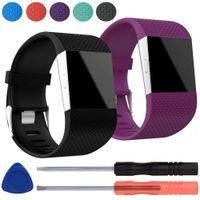EEEKit 2-Pack Premium Silicone Replacement Wristband Strap with Metal Buckle Clasp for Fitbit Surge Watch Fitness Tracker, Including Screwdriver Tools Kit (Black+Deep Purple)