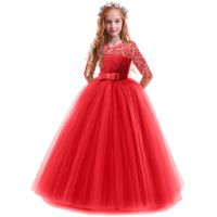 Girls Vintage Floral Lace 3/4 Sleeves Floor Length Party Fall Evening Formal Bridesmaid Prom Dance Gown Red 7-8 Years