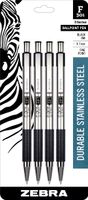 Zebra F-301 Ballpoint Stainless Steel Retractable Pen, Fine Point, 0.7mm, Black Ink, 4-Count (Packaging May Vary)